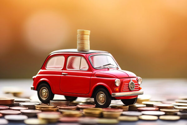 Kleines Modellauto zwischen vielen Geldmünzen